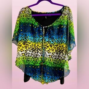 🐆 BRIGHTLY COLORED LEOPARD PRINT BATWING Blouse Boho Dolman New Directions XL